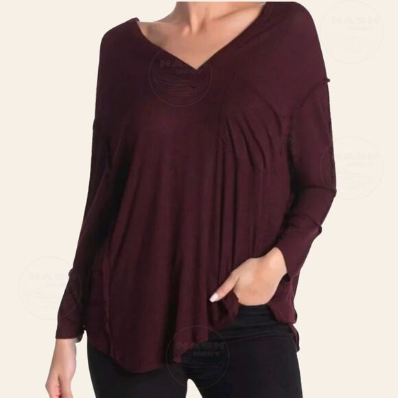 We The Free Free People S Oversized V-Neck Top | Wine Soft Boho Tee T-shirt - Picture 4 of 8